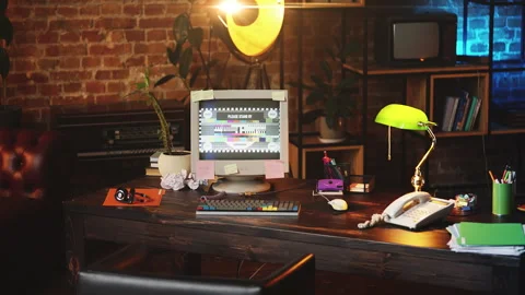 Please stand by message on old computer screen in 90s office, internet cutoff Stock Footage 321084734