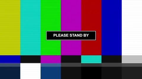 Please stand by text on a flickering retro television screen with signal Stock Footage 345957082