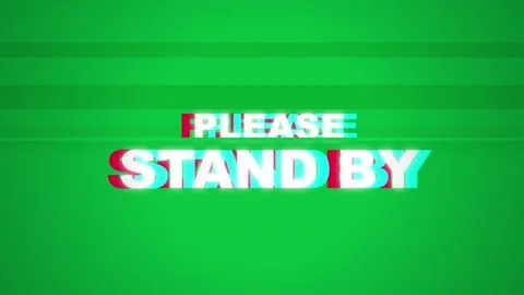 Please stand by text. Please stand by glitch text on green scanline background Stock Footage 340550062