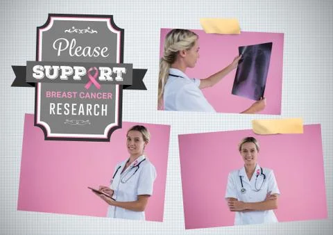 Please support research  text and Breast Cancer Awareness Photo Collage with Stock Photos