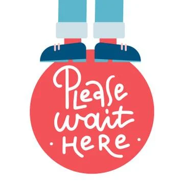Please Wait Here - red round sign. Keep Your Distance. Sticker for shops, sto イラスト素材