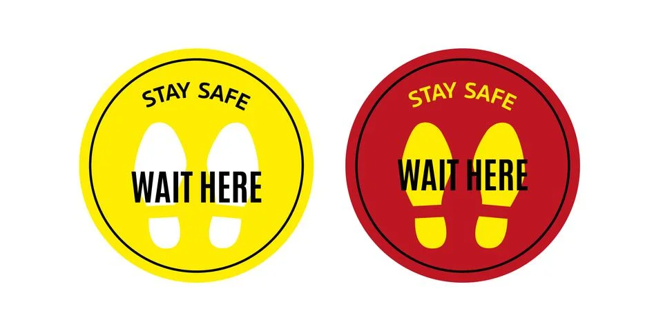 Please Wait Here Social Distancing Round Floor Marking Sticker Icon mit Text und Stock Illustration
