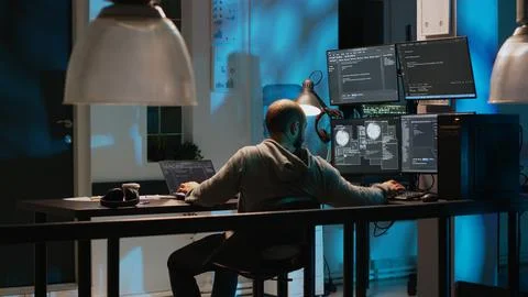 Pleased app developer programming source code and celebrating achievement 스톡 사진