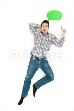 The pleased man gesture near the dialog sign. View from above Stock Photos