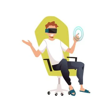 Pleased young boy sitting at computer chair in virtual reality glasses flat Illustrazione stock