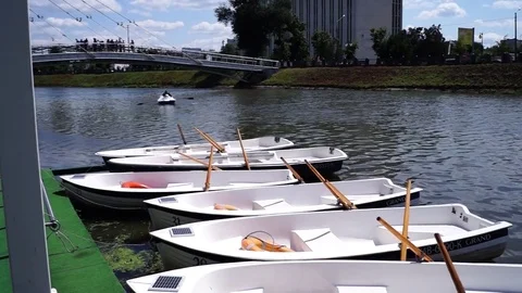 A pleasure boat on the background of the bridge. Stock Footage 70520947