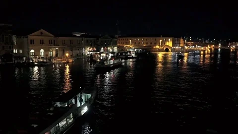 Pleasure boat floating on river water at night on background city lights Stock Footage 82858053
