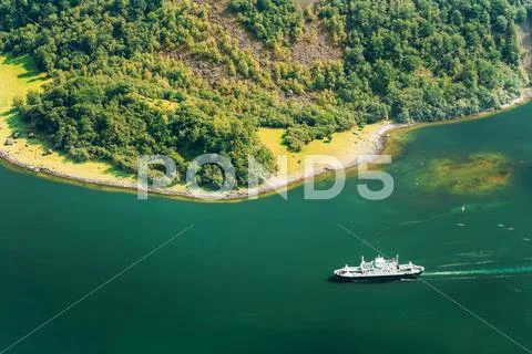 Pleasure Boat Ship Are Sailing Between Fjords. Amazing Nature Of Stock Photos