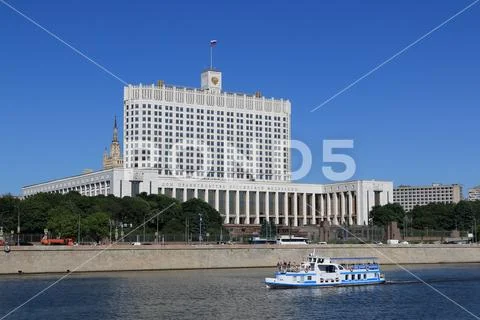 Pleasure River Boat and Government House of the Russian Federation Stock Photos