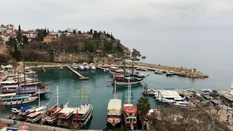 Pleasure ship sets sail in the bay of Antalya. Stock Footage 234816701