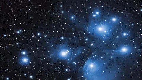 Pleiades. M45 open star cluster in constellation Taurus. Stock Footage 287618173