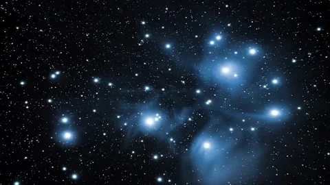 Pleiades star cluster in outer space with interstellar nebulosity Video stock 311381202