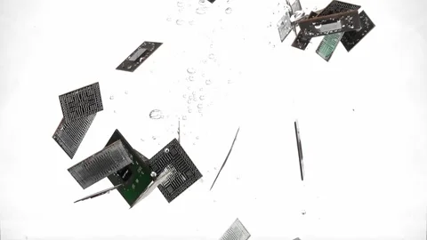 Plenty of damaged video chips are drown in water filmed in closeup slow motion Stock Footage 283584574