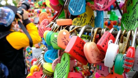 Plenty of locked master key on Namsan, South Korea Stock Footage 80864060
