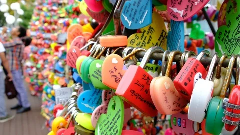 Plenty of locked master key on Namsan, South Korea Stock Footage 80864081