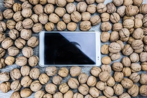 Plenty of walnuts with tablet pc Stock Photos