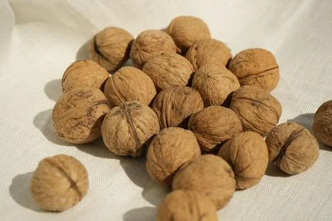 Plenty walnuts on a white tablecloth Stock Photos