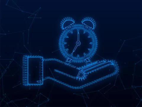 Plexus Alarm clock, wake-up time in hands on blue background. Vector stock Stock Illustration