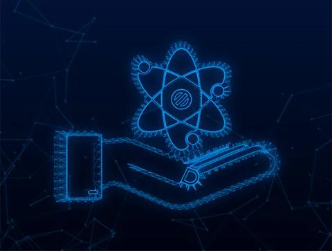 Plexus Atom icon over hands vector, atom symbols on blue background. Vector 스톡 일러스트