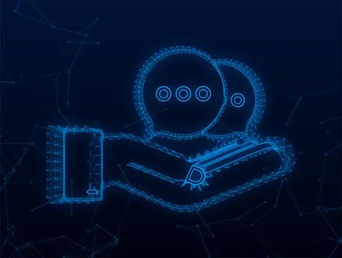 Plexus Chat Message Bubbles icon hanging over hands on blue background. Vector Stock Illustration