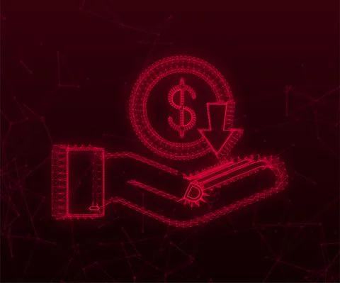 Plexus Down Dollar Sign in hands on red background. Vector stock illustration Stock Illustration