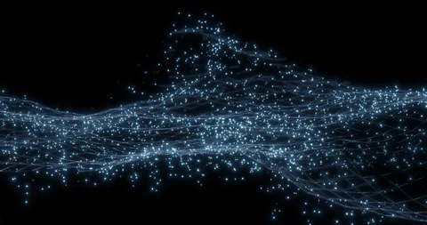 A plexus grid with a stormy wave motion and particles. 3D Rendering in 4K. Stock Footage 129694249