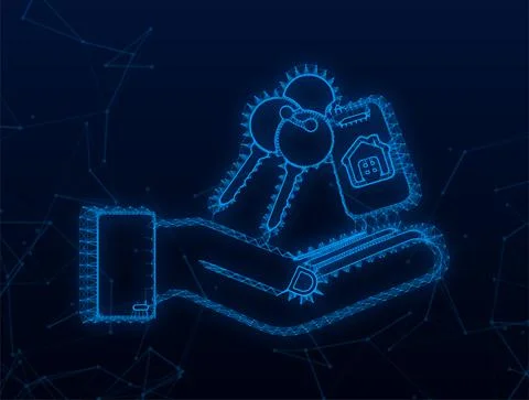 Plexus Just sold keys handing over hand on blue background. Vector stock 스톡 일러스트