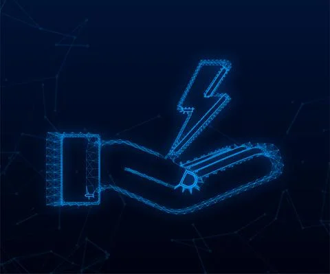 Plexus Lightning bolt in hands. Thunder bolt, lighting strike expertise. Vector Stock Illustration