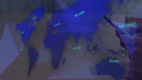Plexus networks and changing numbers over world map against mid section of Stock Footage 156585451