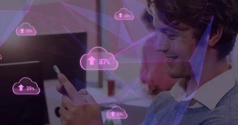Plexus networks and cloud uploading icons against caucasian man using smartphone Stock Photos