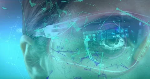 Plexus networks and data processing over close up of woman using futuristic Stock Footage 328004735