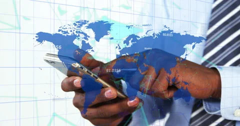 Plexus networks over world map against mid section of businessman using Stock Footage 156585508