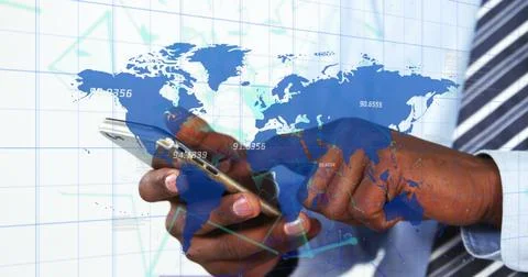 Plexus networks over world map against mid section of businessman using イラスト素材