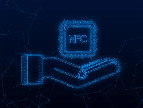 Plexus NFC processor icon with hands. NFC chip. Near field communication. Vector Illustrazione stock