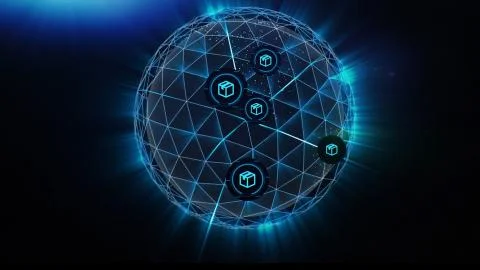 Plexus Sphere explodes into particles and polygons connecting lines in network Illustrazione stock