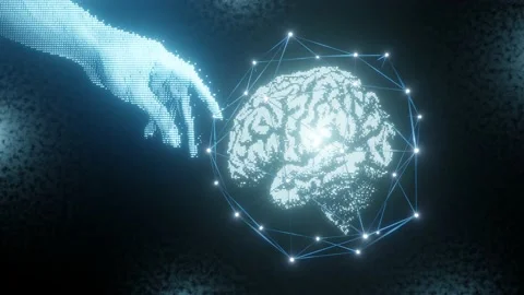 Plexus structure evolving around human brain. Human hand revolving particles Stock Footage 195847417