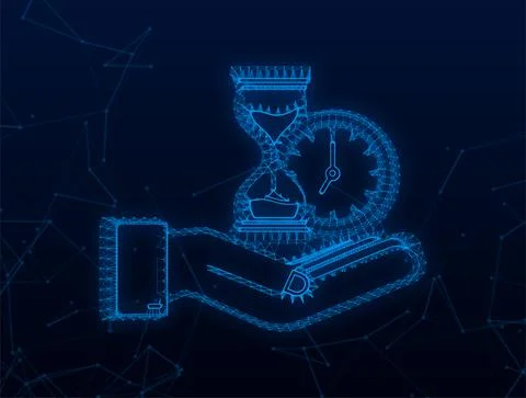 Plexus Timer and money in hands. Clock and bag, time is money, fast loan Stock Illustration