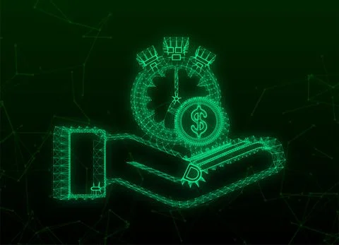 Plexus Timer and money in hands. Clock and bag, time is money, fast loan Stock Illustration