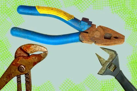Pliers and adjustable rusty wrench ready top work.Restore to working Stock Illustration