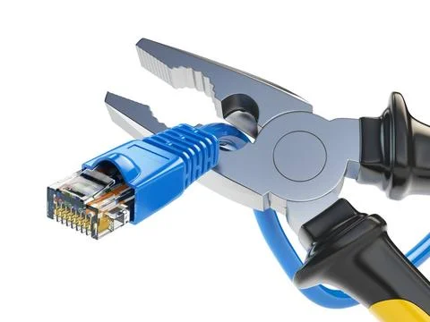 Pliers cutting lan network computer cable. Internet connection disconnecte... Stock Photos