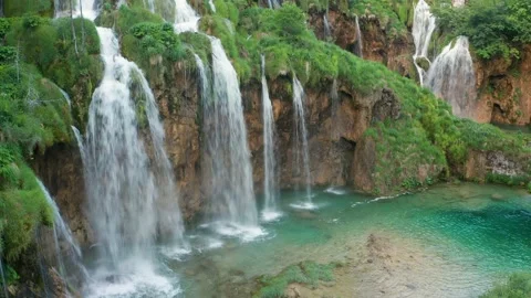Plitvice, Croatia - 4K flying over at the beautiful waterfalls of Plitvice Lakes Video stock 156842893
