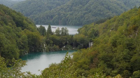 Plitvice Lakes between green mountains. Terraces with water on different height Stock-Footage 126242246