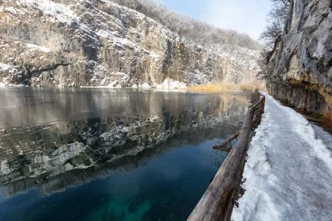 Plitvice lakes at winter with beautiful reflections Stock Photos