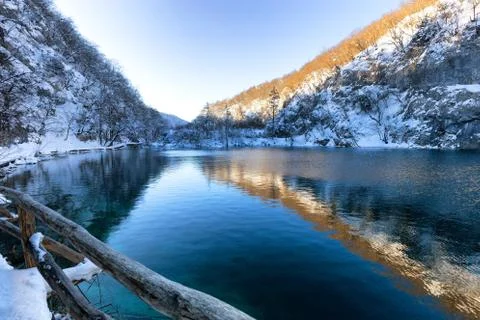 Plitvice lakes at winter with beautiful reflections 스톡 사진