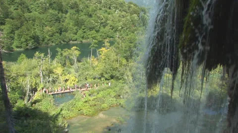 Plitvice Waterfall and Tourists Stock Footage 25944253