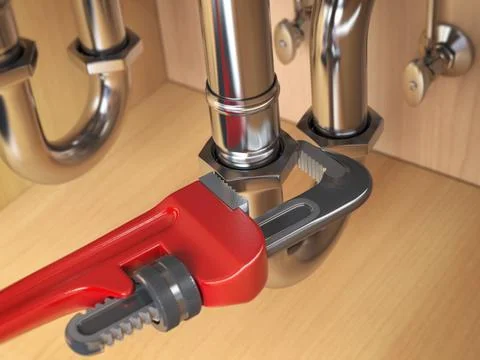 Pllumber using an ajustable wrench to repair a water pipe under the sink. Ilustración de archivo