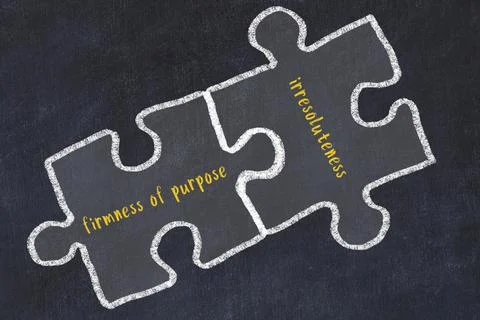 Ploblem solving. Chalk sketch of two puzzles with words firmness of purpose a イラスト素材