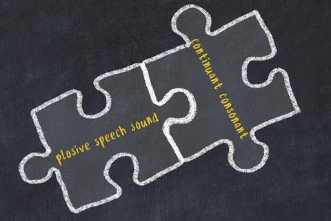 Ploblem solving. Chalk sketch of two puzzles with words plosive speech sound  イラスト素材