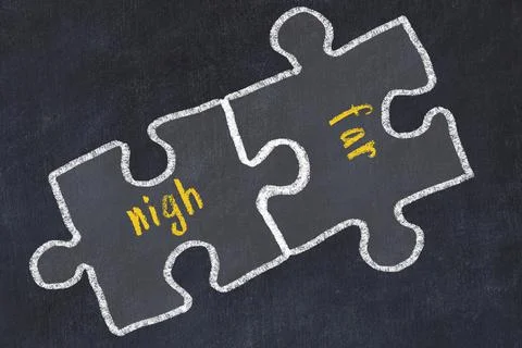 Ploblem solving. Chalk sketch of two puzzles with words nigh and far on black イラスト素材