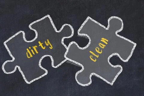 Ploblem solving. Chalk sketch of two puzzles with words dirty and clean on bl Stock Illustration